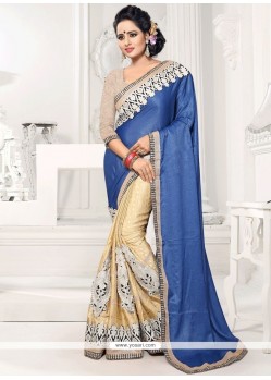 Art Silk Blue And Cream Designer Half N Half Saree