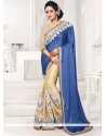 Art Silk Blue And Cream Designer Half N Half Saree