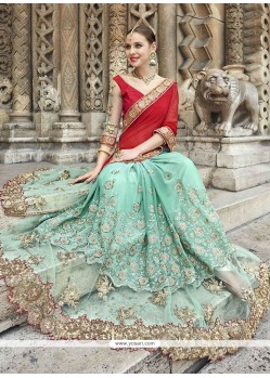 Resham Work Red And Sea Green Designer Half N Half Saree