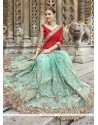 Resham Work Red And Sea Green Designer Half N Half Saree