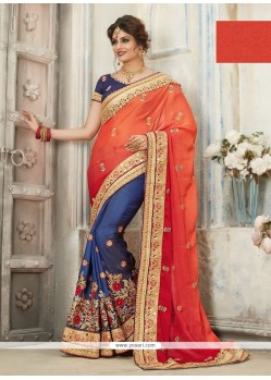 Art Silk Navy Blue And Orange Resham Work Half N Half Designer Saree