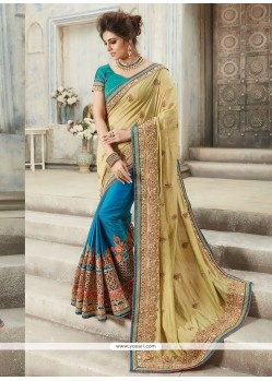 Beige And Blue Designer Half N Half Saree