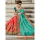 Resham Work Orange And Sea Green Art Silk Designer Half N Half Saree