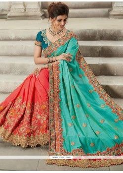 Resham Work Orange And Sea Green Art Silk Designer Half N Half Saree