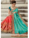 Resham Work Orange And Sea Green Art Silk Designer Half N Half Saree