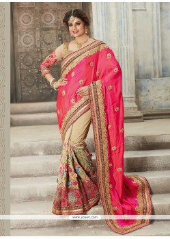 Art Silk Beige And Pink Resham Work Designer Half N Half Saree