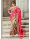 Art Silk Beige And Pink Resham Work Designer Half N Half Saree