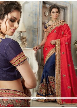 Art Silk Navy Blue And Red Half N Half Saree