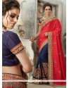 Art Silk Navy Blue And Red Half N Half Saree