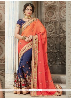 Navy Blue And Orange Patch Border Work Art Silk Half N Half Designer Saree