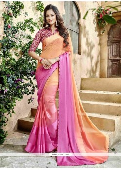 Satin Peach And Pink Lace Work Shaded Saree