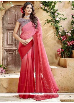 Faux Georgette Pink And Red Lace Work Shaded Saree