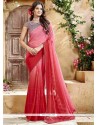 Faux Georgette Pink And Red Lace Work Shaded Saree