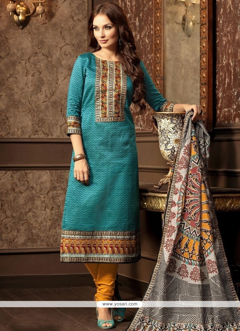 Buy Lace Work Teal Cotton Churidar Designer Suit | Churidar Salwar Suits