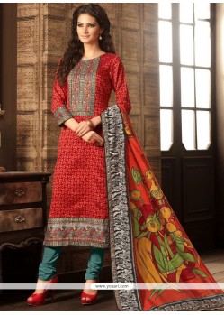 Cotton Red Lace Work Churidar Designer Suit