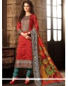 Cotton Red Lace Work Churidar Designer Suit