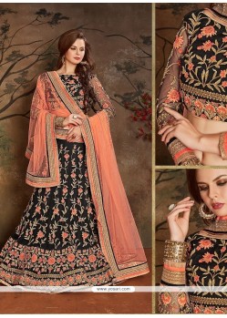 Net Black And Peach Embroidered Work Lehenga Choli