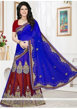 Blue And Maroon Resham Work Faux Chiffon Lehenga Saree