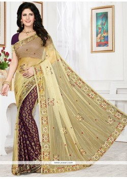 Net Brown Patch Border Work Classic Designer Saree