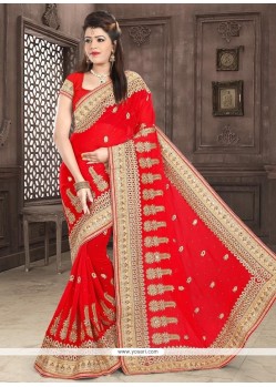 Faux Georgette Red Patch Border Work Classic Saree