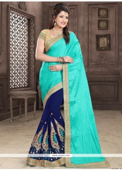 Navy Blue And Turquoise Patch Border Work Faux Georgette Designer Half N Half Saree