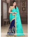 Navy Blue And Turquoise Patch Border Work Faux Georgette Designer Half N Half Saree