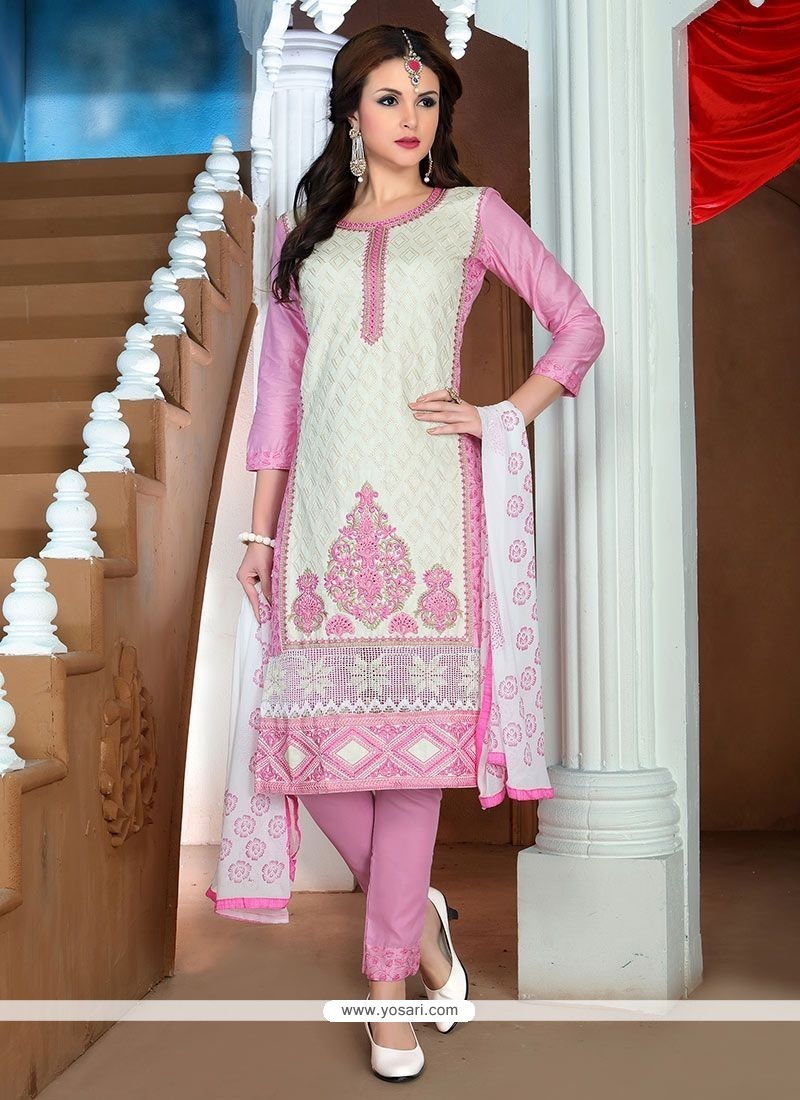 Embroidered Work Cream Cotton Churidar Designer Suit