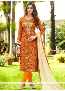 Orange Print Work Churidar Designer Suit