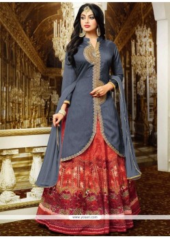 Banarasi Silk Grey Lace Work Long Choli Lehenga