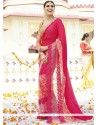 Print Work Hot Pink Net Classic Designer Saree