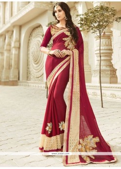 Maroon Patch Border Work Faux Chiffon Classic Designer Saree