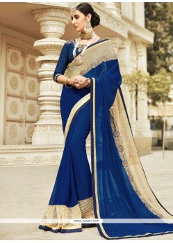 Faux Georgette Navy Blue Patch Border Work Classic Saree