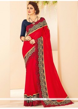 Faux Georgette Red Patch Border Work Classic Designer Saree