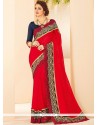 Faux Georgette Red Patch Border Work Classic Designer Saree