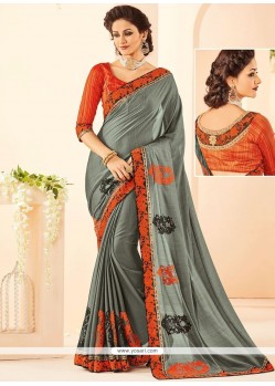 Chiffon Satin Grey Patch Border Work Designer Saree