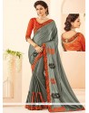 Chiffon Satin Grey Patch Border Work Designer Saree