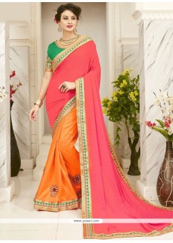 Art Silk Hot Pink And Orange Designer Half N Half Saree