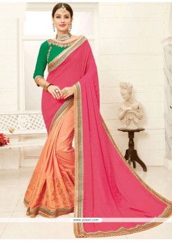 Peach And Pink Patch Border Work Art Silk Designer Half N Half Saree