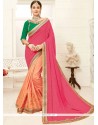 Peach And Pink Patch Border Work Art Silk Designer Half N Half Saree