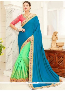 Jacquard Silk Blue And Sea Green Embroidered Work Designer Half N Half Saree