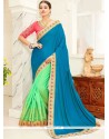 Jacquard Silk Blue And Sea Green Embroidered Work Designer Half N Half Saree