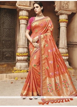 Weaving Art Silk Traditional Designer Saree In Orange