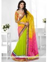 Green, Hot Pink And Yellow Faux Georgette Half N Half Designer Saree