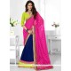 Hot Pink And Navy Blue Patch Border Work Faux Chiffon Half N Half Trendy Saree