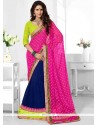 Hot Pink And Navy Blue Patch Border Work Faux Chiffon Half N Half Trendy Saree