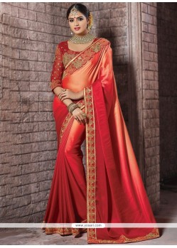 Red Embroidered Work Shaded Saree