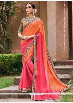 Hot Pink And Orange Embroidered Work Faux Georgette Shaded Saree