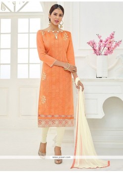 Orange Embroidered Work Cotton Churidar Suit