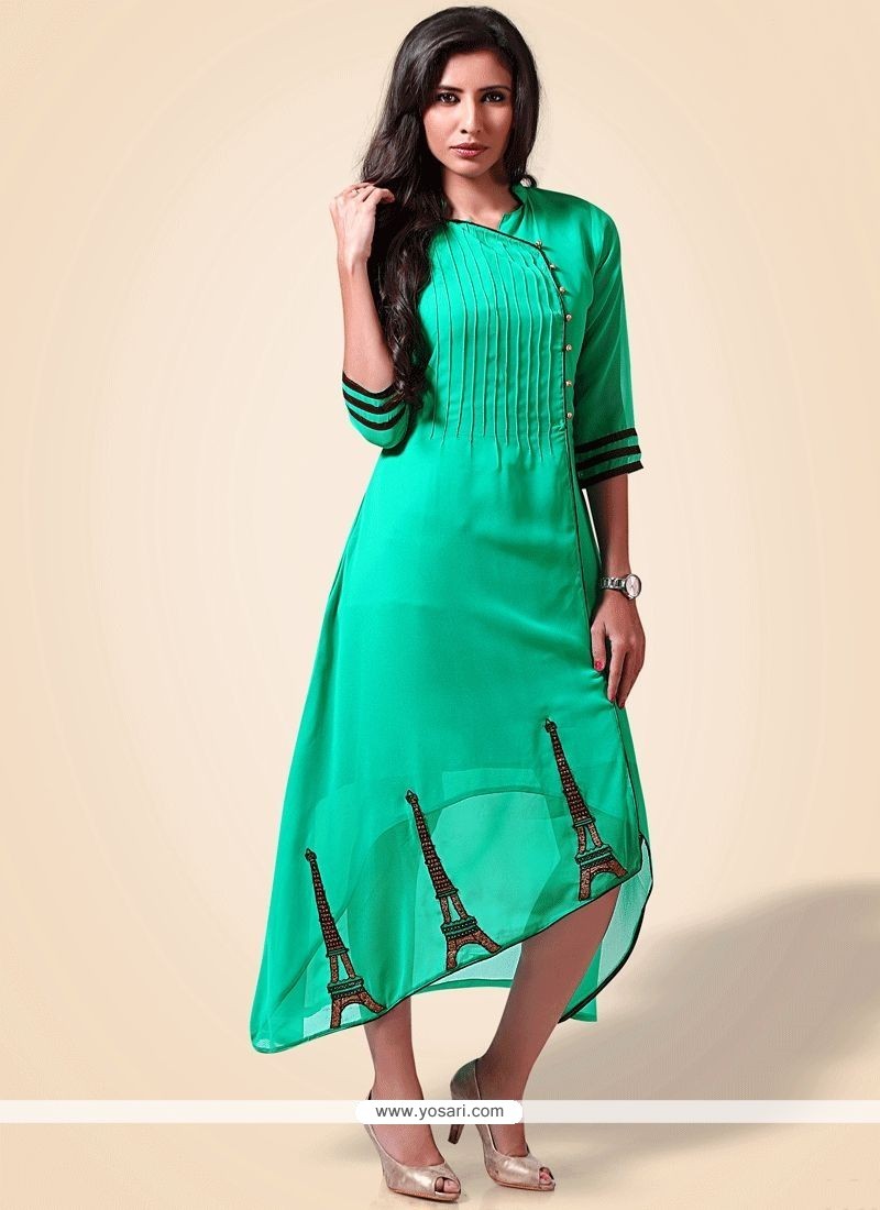Sea Green Embroidered Work Party Wear Kurti