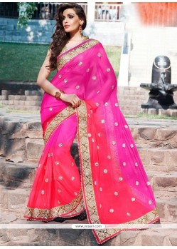 Patch Border Work Hot Pink Faux Georgette Shaded Saree